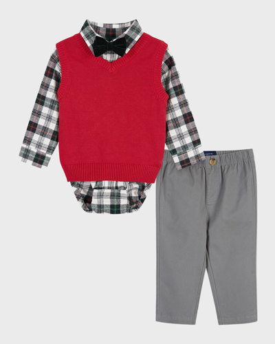 Andy & Evan Kids' Boy's Holiday Check-print Bodysuit W/ Vest & Pants Set In White Plaid