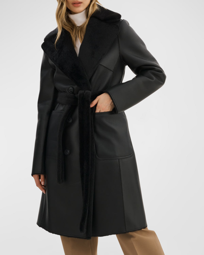 Lamarque Abigail Reversible Faux-shearling Peacoat With Belt In Black