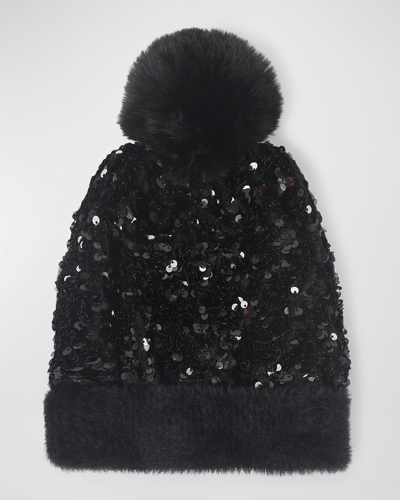Pia Rossini Kiaro Sequin Velvet Hat With Faux Fur Pom In Bla001 Black