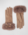 Pia Rossini Elodie Faux Fur-trim Bow Vegan Suede Gloves In Bro012 Camel