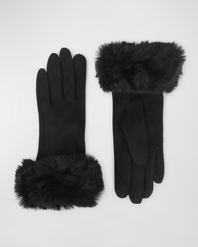 Pia Rossini Elodie Faux Fur-trim Bow Vegan Suede Gloves In Bla001 Black