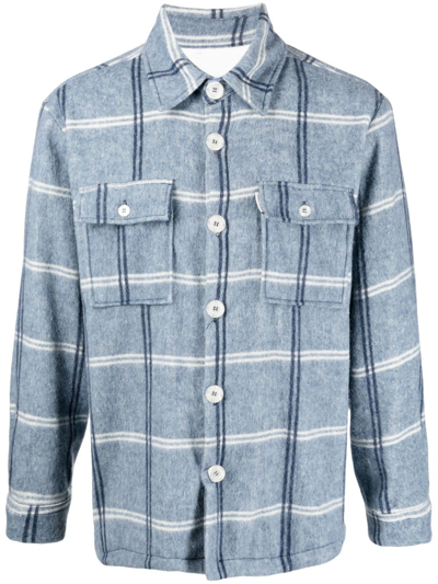 Family First Logo-print Checked Flannel Shirt In Clear Blue