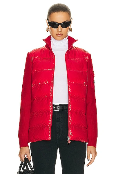 Moncler Mixed Media Wool Puffer Cardigan In Red