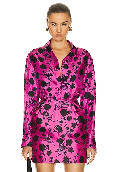 Versace Floral Silhouette-print Silk Twill Collared Shirt In Pink