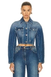 Versace Stone-washed Crop Denim Jacket In Medium Blue
