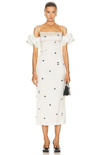Jacquemus Chouchou Polka-dot Fringe Off-the-shoulder Puff-sleeve Midi Dress In Off_white_black_dots_em