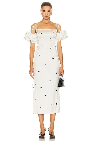 Jacquemus Chouchou Polka-dot Fringe Off-the-shoulder Puff-sleeve Midi Dress In White