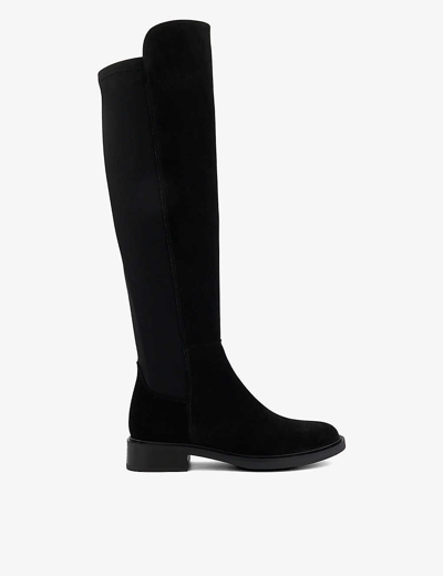 Dune Womens Black-suede Text Tonal-stitch Suede Heeled Knee-high Boots