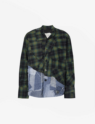 Greg Lauren Mens Green Plaid Checked Contrast-hem Cotton Shirt