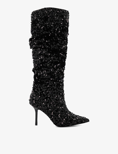 Dune Womens Black-fabric Sensational Sequined-embellished Woven Knee-high Boots