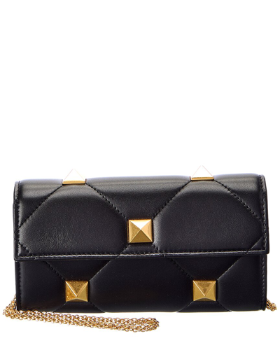 Valentino Garavani Roman Stud Leather Wallet On Chain In Black