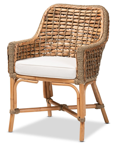 Baxton Studio Kyle Woven Rattan Dining Arm Chair With Cushion In White