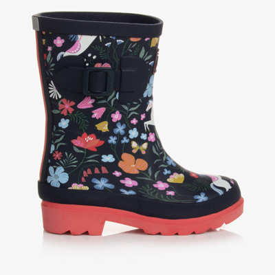 Joules Kids' Girls Blue Floral Horse Rain Boots