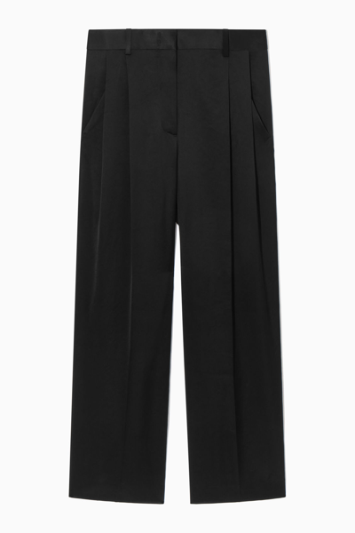 Cos Wide-leg Pleated Satin Trousers In Black