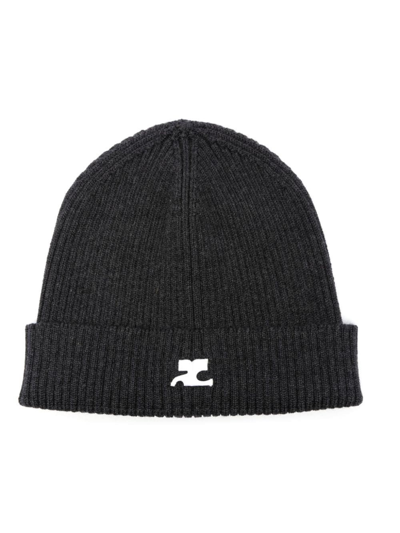 Courrèges Logo-embroidered Ribbed-knit Beanie In Gray