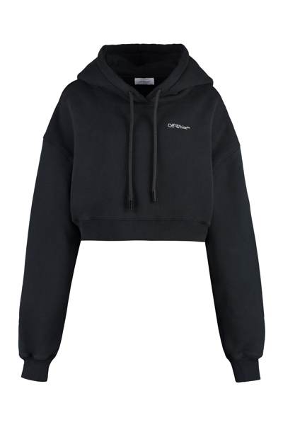 Off-white Cropped Black Cotton Hoodie In Black Whit