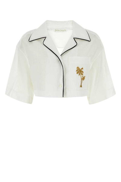 Palm Angels Womens Off White Gold Logo-embroidered Cropped Linen Shirt In Multi-colored