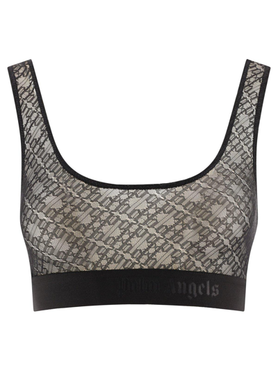 Palm Angels Logo Waistband Sheer Tulle Bra In Nero