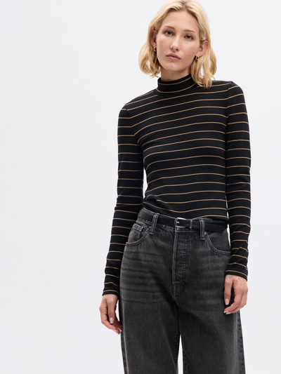 Gap Modern Mockneck Cropped T-shirt In Black & Khaki Tan Stripe