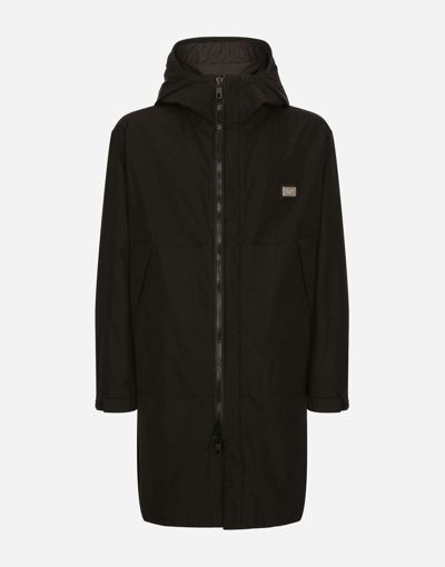 Dolce & Gabbana Nylon Parka With Hood And Branded Tag In Black