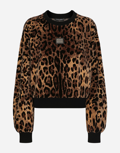 Dolce & Gabbana Round-neck Chenille Sweatshirt With Jacquard Leopard Design In Multicolor