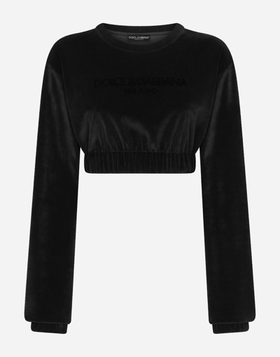 Dolce & Gabbana Cropped Chenille Sweatshirt With Carpet-stitch Embroidery In Black