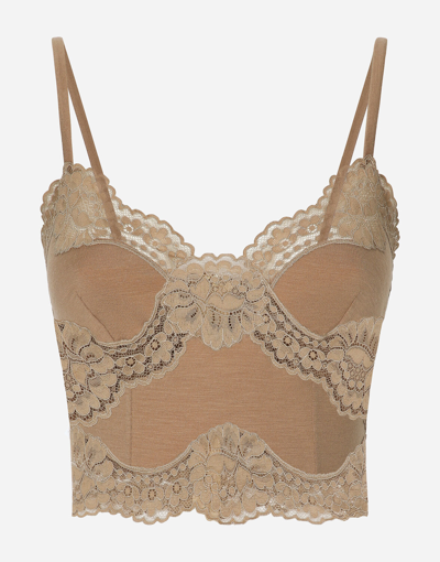Dolce & Gabbana Wool Jersey Lingerie Crop Top With Lace Inlays In Beige