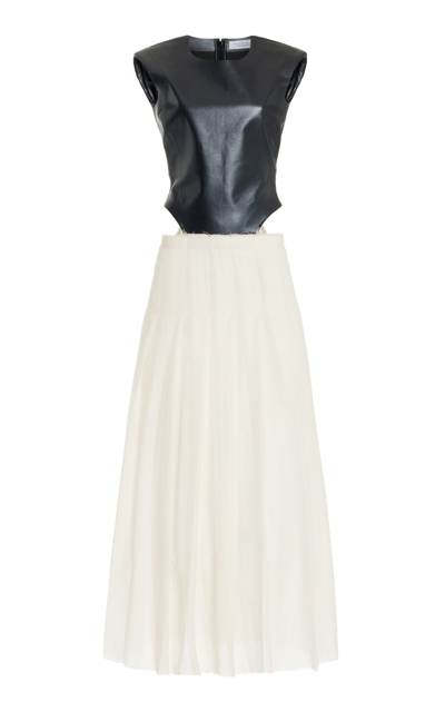 Gabriela Hearst Mina Leather Bodice Pleated Wool-cashmere Maxi Dress In Black,white