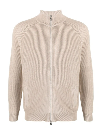 Brunello Cucinelli Ribbed-knit Zip-up Cardigan In Brown