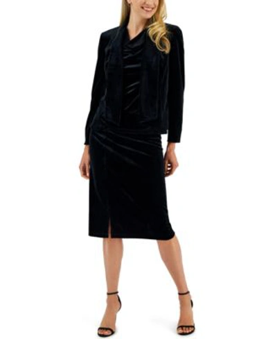 Kasper Womens Draped Open Front Cardigan Sleeveless Top Midi Pencil Skirt In Black