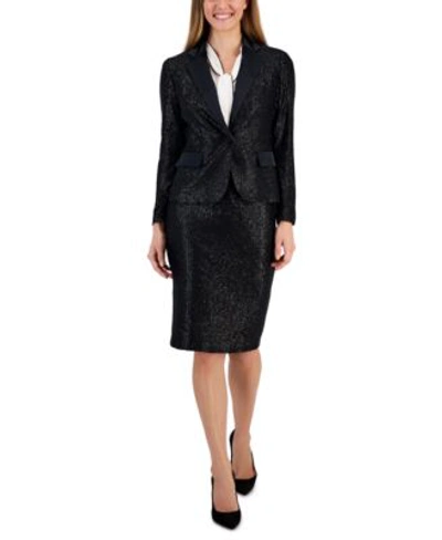 Anne Klein Womens Sequin One Button Blazer Tie Neck Blouse Sequin Pencil Skirt In Anne Black