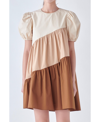 English Factory Colorblock Puff Sleeve Shift Dress In Beige Multi
