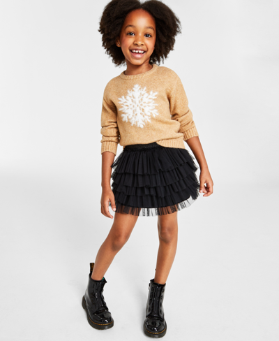 Charter Club Holiday Lane Little Girls Snowflake Crewneck Sweater, Created For Macy's In Warm Camel Heather
