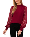 Cece Women's Sheer-sequin-sleeve Mock-neck Cotton Sweater In Deep Merlot