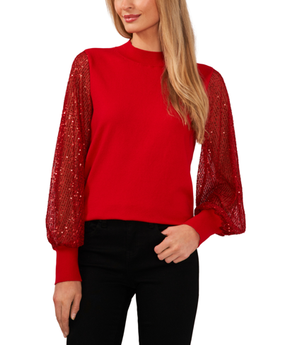 Cece Women's Sheer-sequin-sleeve Mock-neck Cotton Sweater In Luminous Red