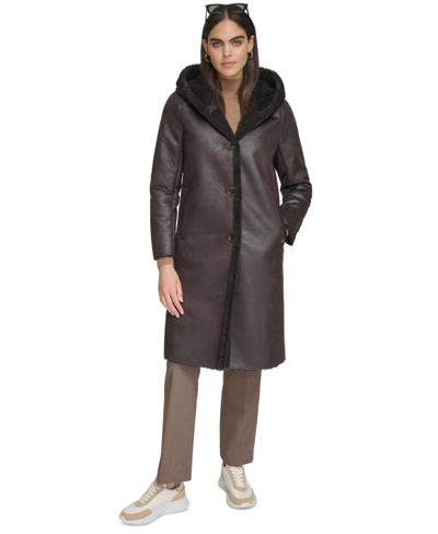 Calvin Klein Women's Hooded Faux-shearling Trim Coat In Dark Brown