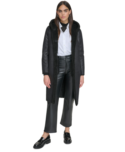 Calvin Klein Women's Hooded Faux-shearling Trim Coat In Black
