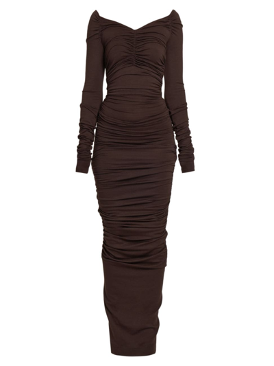 Dolce & Gabbana Off-shoulder Ruched Wool Maxi Dress In Dark Brown