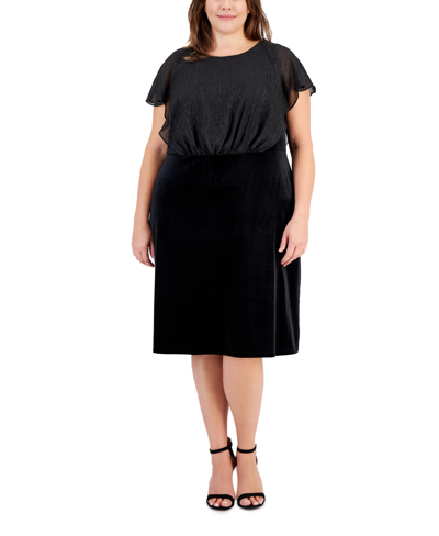 Connected Plus Size Round-neck Overlay Velvet Sheath Dress In Blk