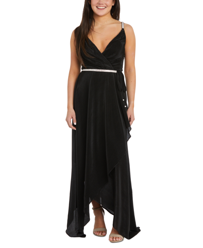 Nightway Women's Faux-wrap Rhinestone-trim Dress In Black