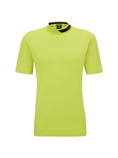 Hugo Boss Stretch-cotton T-shirt With Logo-stripe Jacquard Collar In Green