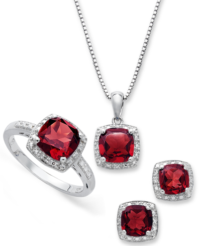 Macy's Sterling Silver Jewelry Set, Garnet (4-3/4 Ct. T.w.) And Diamond Accent Necklace, Earrings And Ring