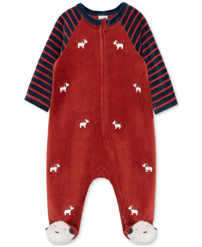 Little Me Baby Boys Puppy Embroidered Velour Footed Coverall In Red