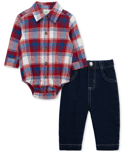 Little Me Baby Boys 2-pc. Plaid Bodysuit & Jeans Set In Red Plaid
