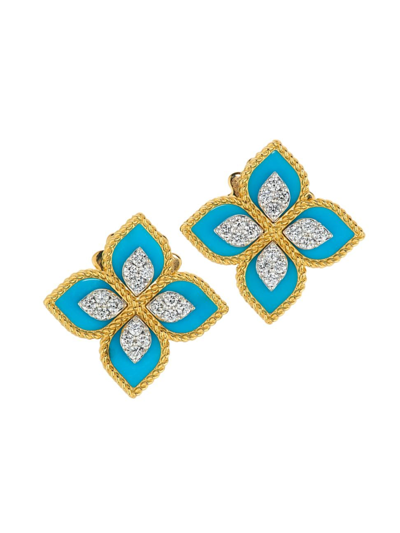 Roberto Coin Women's Venetian Princess 18k Yellow Gold, Turquoise & 0.35 Tcw Diamond Flower Stud Earrings In Blue/gold