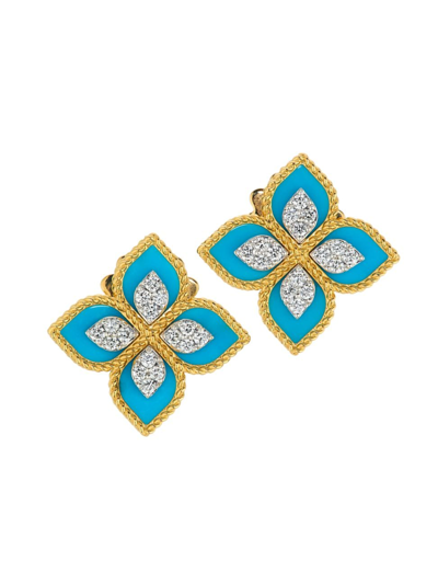 Roberto Coin 18k Yellow Gold Venetian Princess Diamond (0.35 Ct. T.w.) & Turquoise (5.8 Ct. T.w) Earrings In Turquiose