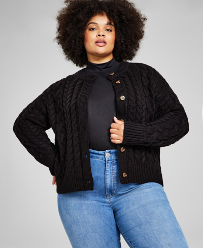 And Now This Trendy Plus Size Cable-knit Crewneck Cardigan In Black