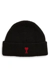 Ami Alexandre Mattiussi Ami Paris Ami De Coeur Embroidered Wool Beanie In 009 Black/ Red