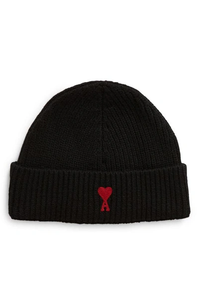Ami Alexandre Mattiussi Ami Paris Ami De Coeur Embroidered Wool Beanie In 009 Black/ Red