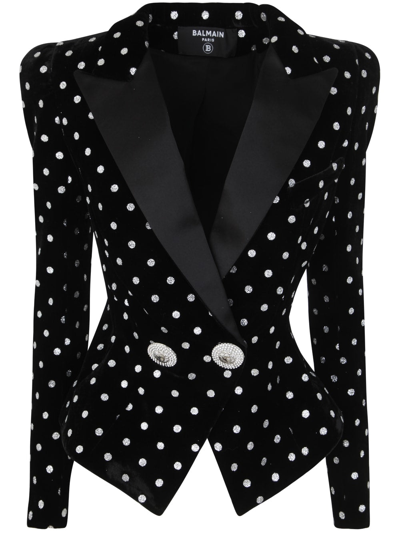 Balmain 2-button Glitter Polka-dot Velvet Jacket In Eac Noir Argent